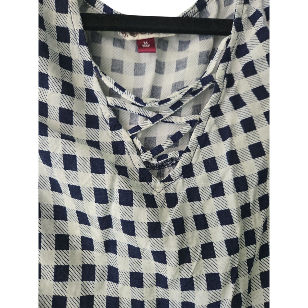 SO Women's Cold Shoulder Top Blouse Medium White Navy Gingham Plaid‎ - Picture 4 of 8